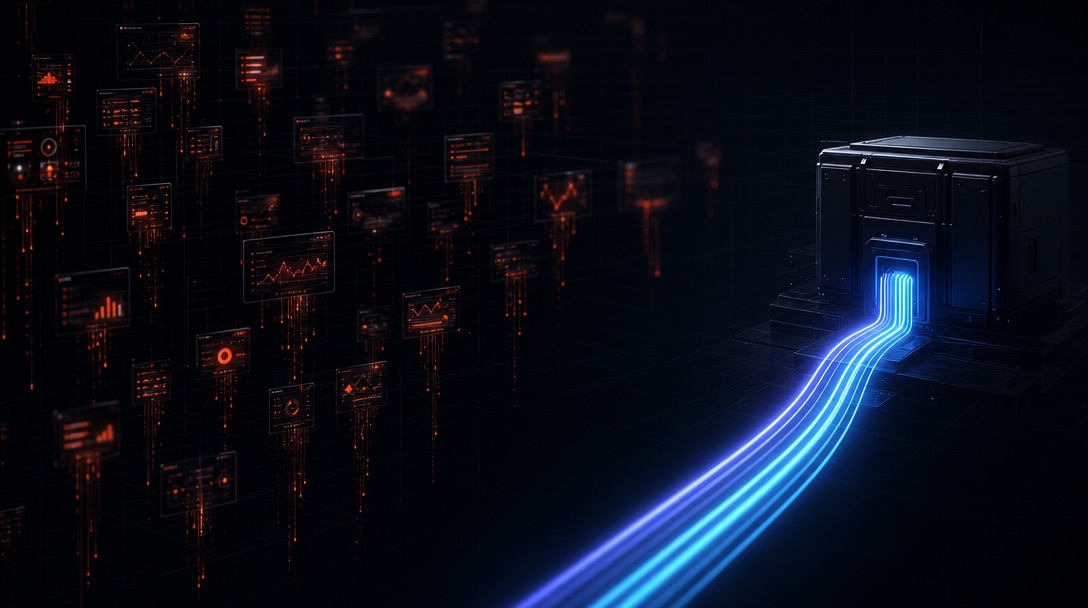 Dozens of drained subscription panels bleed value while one clean integrated conduit powers a machine.