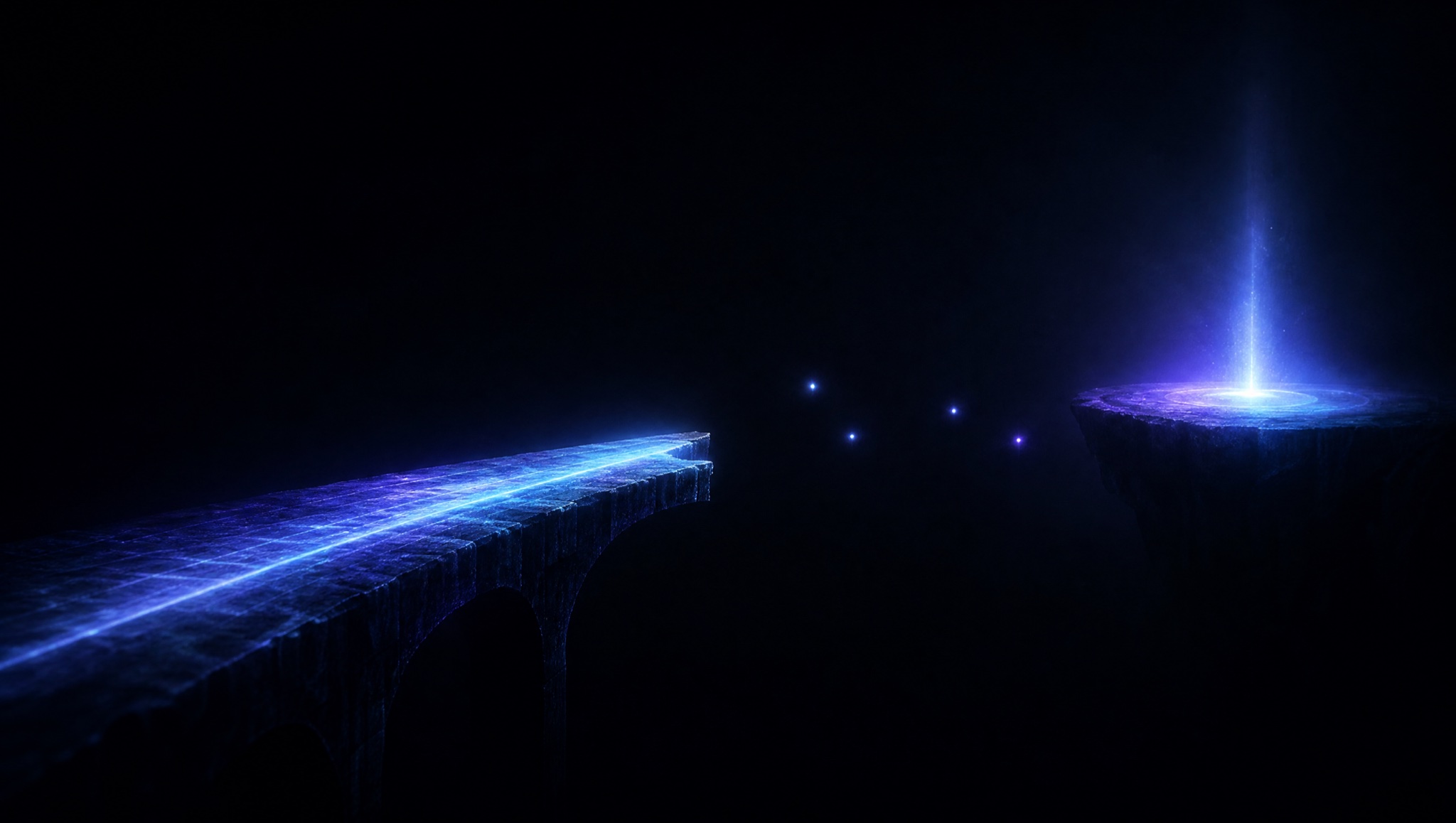 A bridge of light breaks before reaching a glowing platform — the gap between an AI pilot and production.