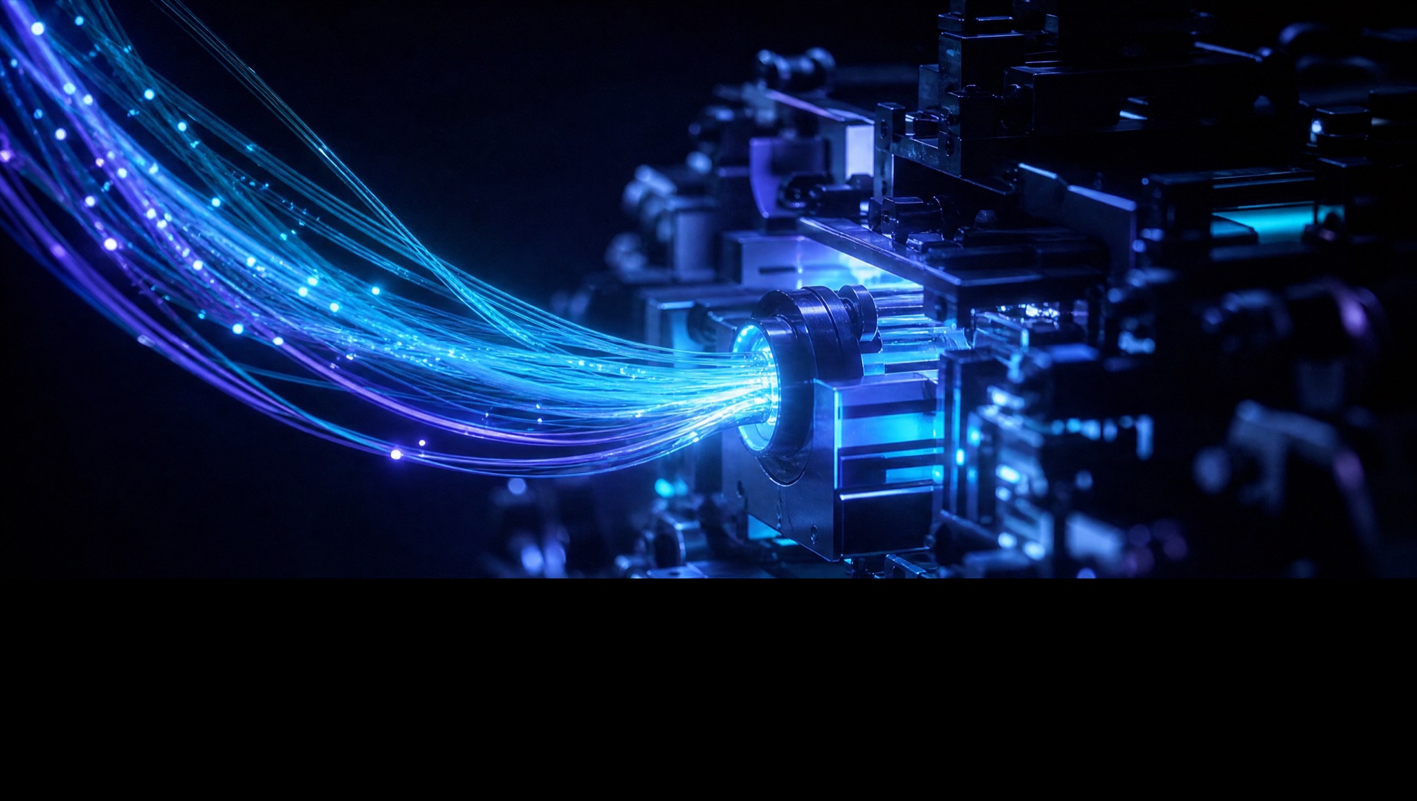 Luminous data-threads weaving into a dark precision machine — AI installed into the fund's deal workflow.