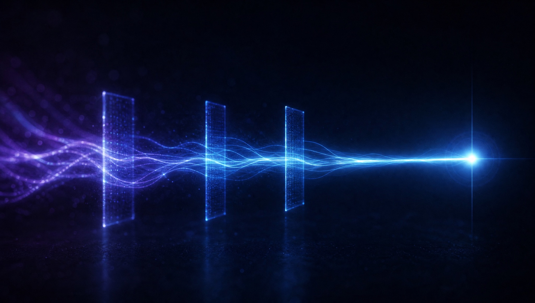 A path of light advancing through staged gates into one bright, precise endpoint.