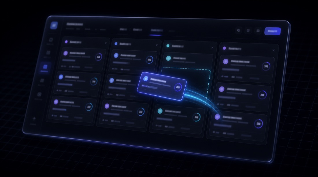 A sales pipeline board with an AI-scored deal card moving forward