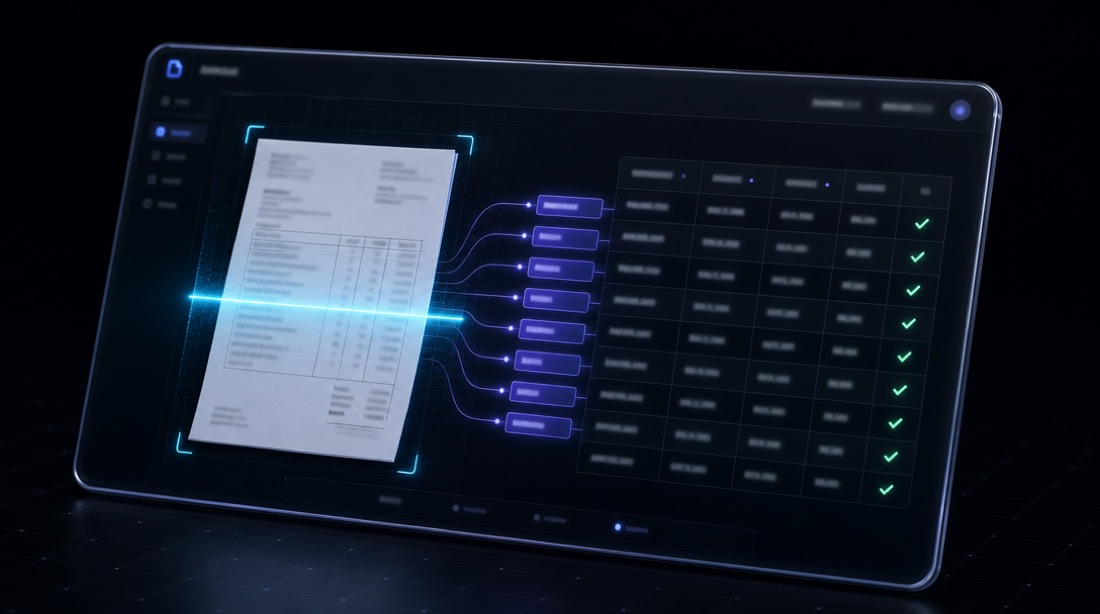 An invoice scanned line-by-line into a reconciled ledger with green checks